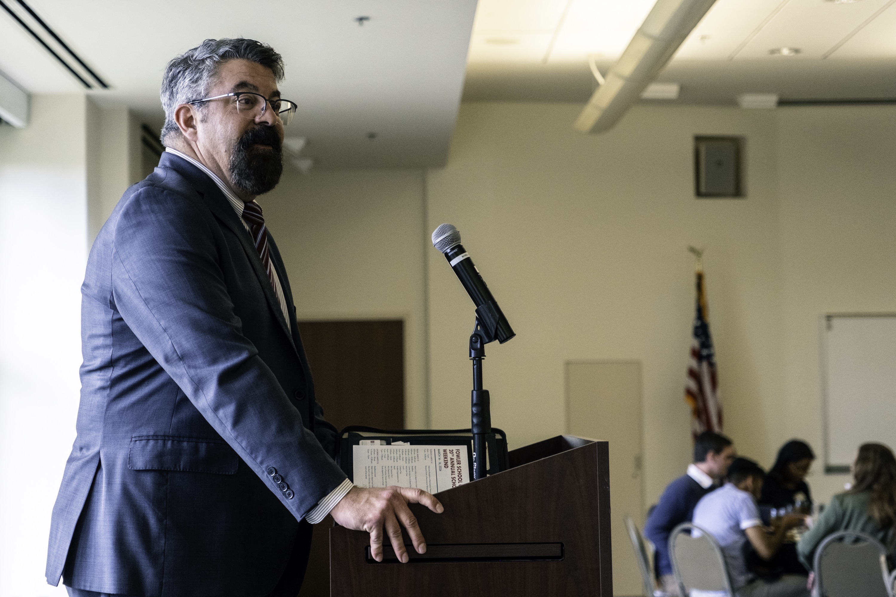 Photograph of Fowler School of Law Dean Paton addressing students at Scholars Weekend